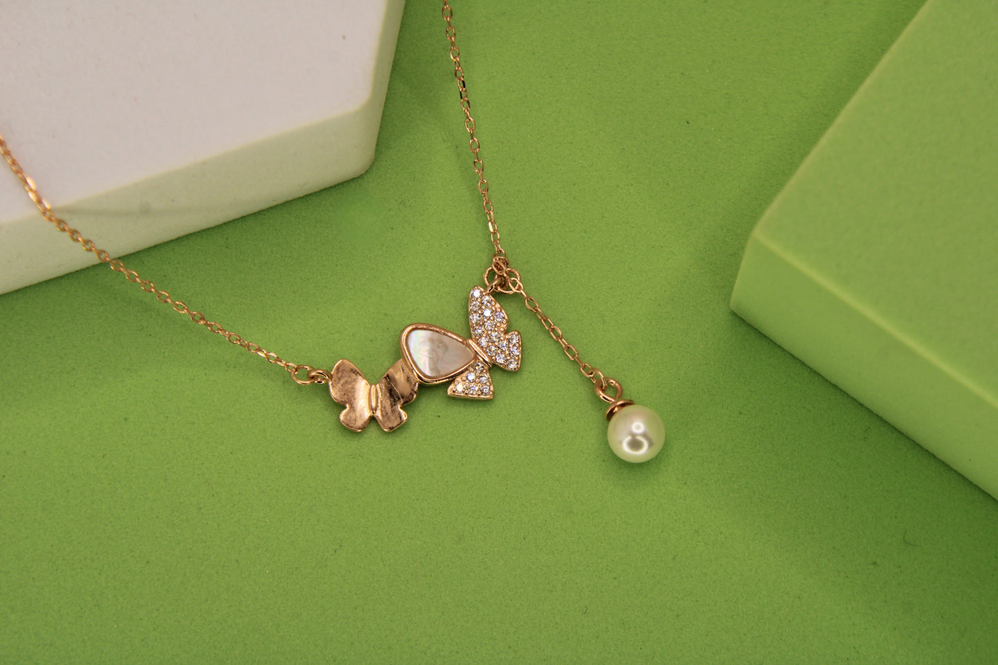 Silver Butterfly Pearl Drop Pendant Chain