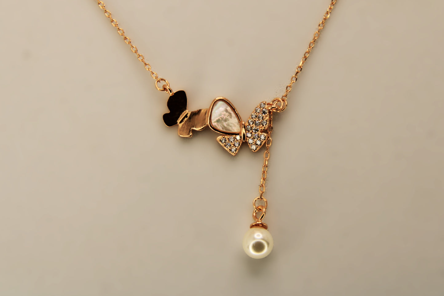 Silver Butterfly Pearl Drop Pendant Chain