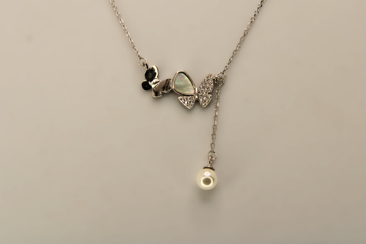 Silver Butterfly Pearl Drop Pendant Chain
