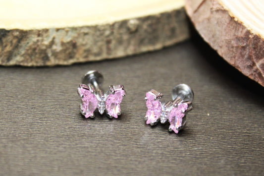 Silver Pink Butterfly Studs - Avika jewels