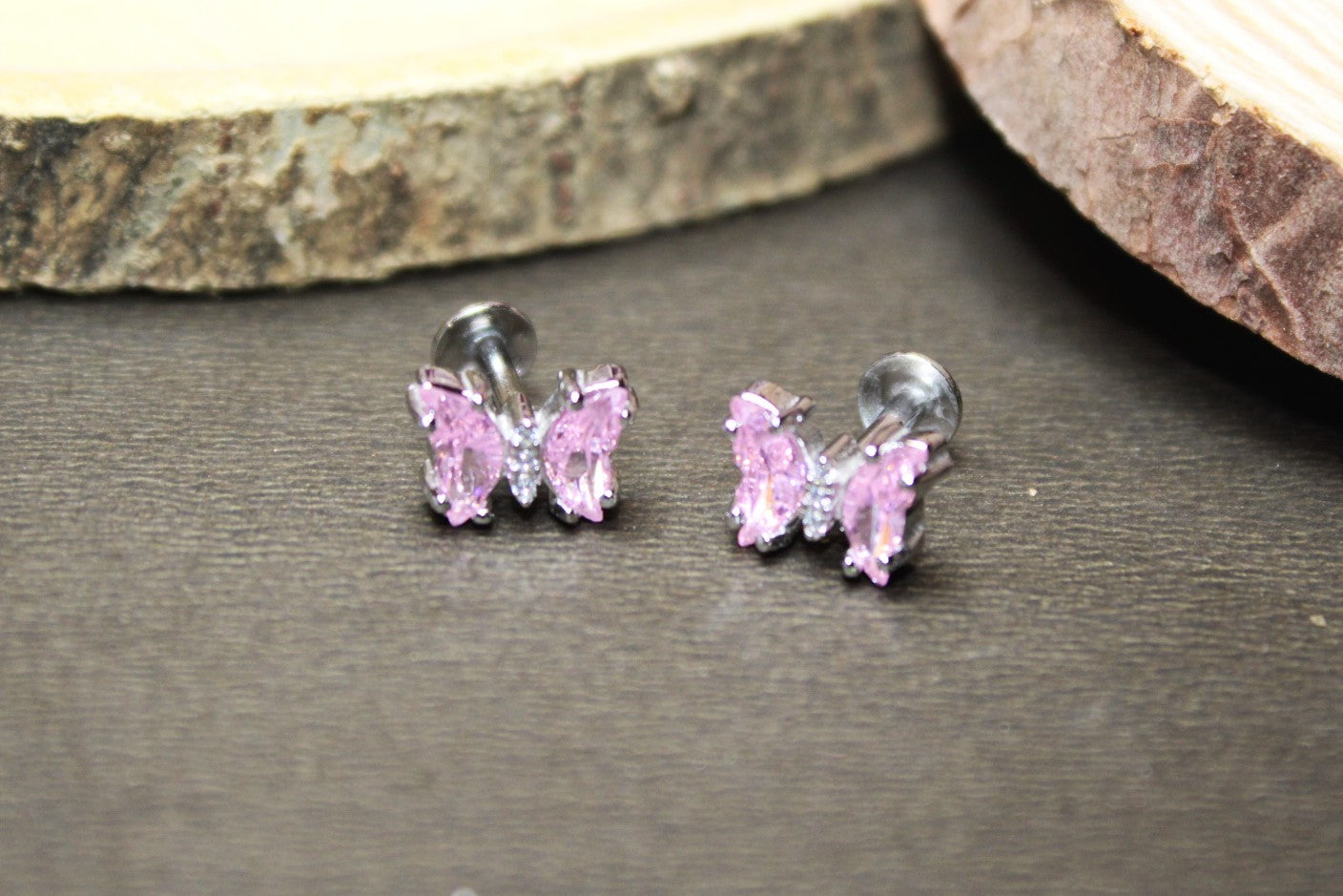 Silver Pink Butterfly Studs - Avika jewels