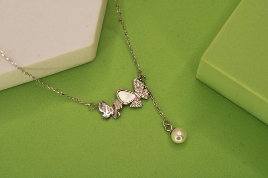 Silver Butterfly Pearl Drop Pendant Chain